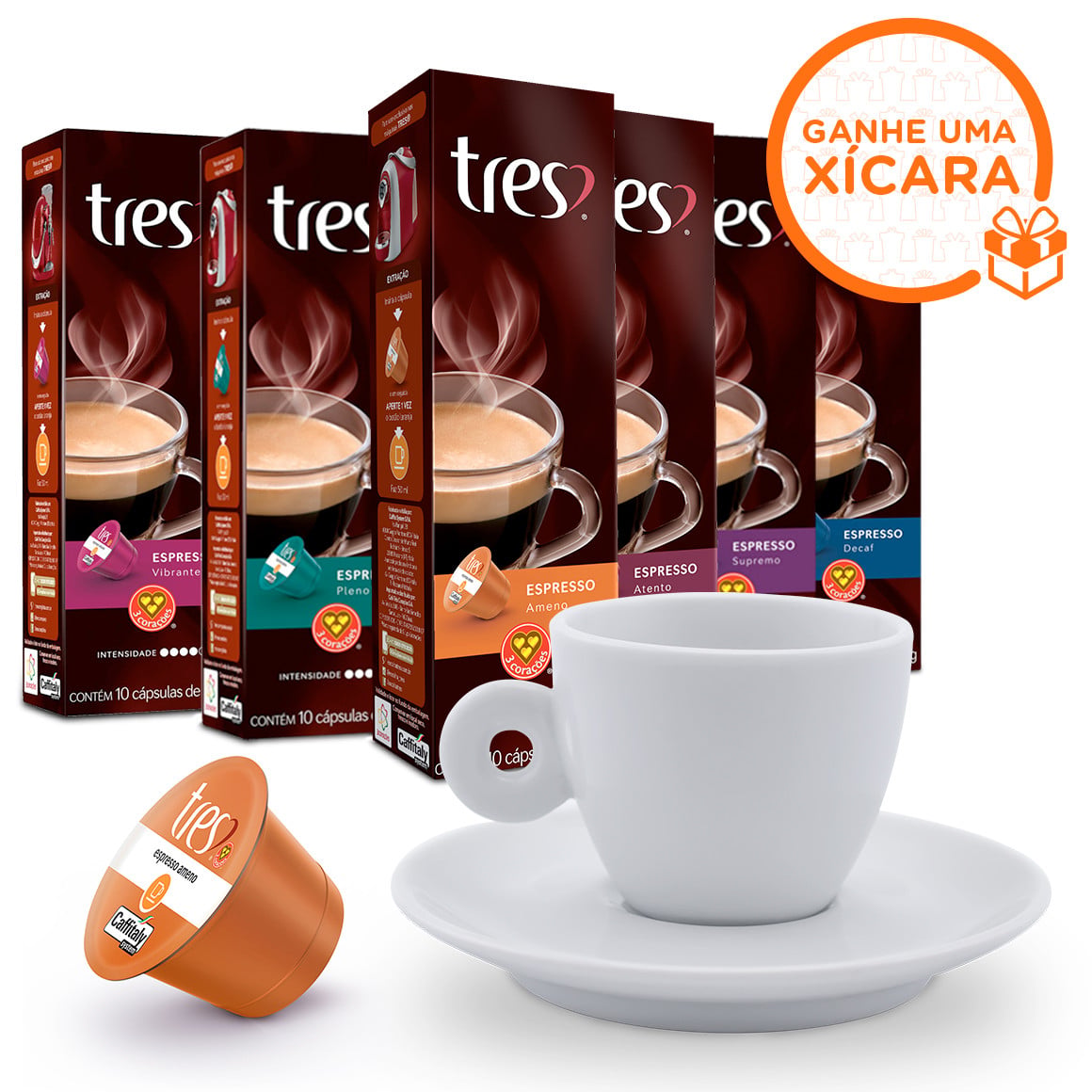 Café Fácil - Kit 60 Cápsulas Espressos Três Corações Ganhe 1 Xícara de