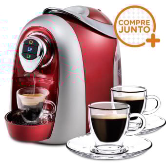 Cafeteira Expresso Três Corações Modo Vermelha 110v + 2 Xícaras para Café em Vidro Duplo 80ml