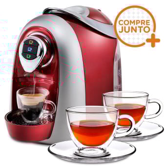 Cafeteira Expresso Três Corações Modo Vermelha 110v + 2 Xícaras para Chá em Vidro Duplo 250ml