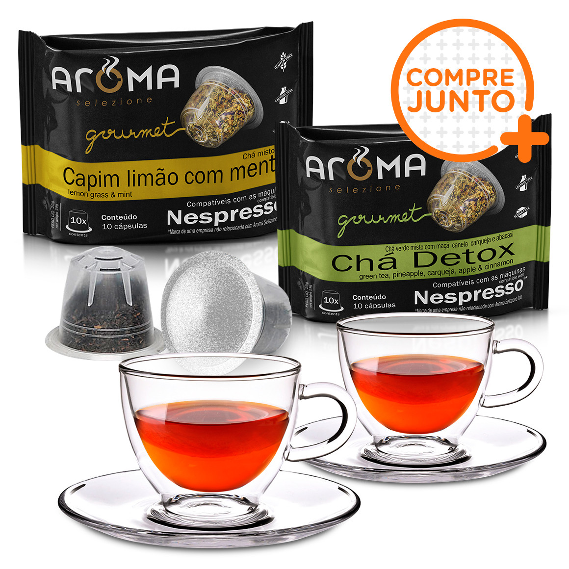 Kit 20 Cápsulas de Chá Compatíveis com Nespresso Aroma + 2 Xícaras para Chá em Vidro Duplo 250ml